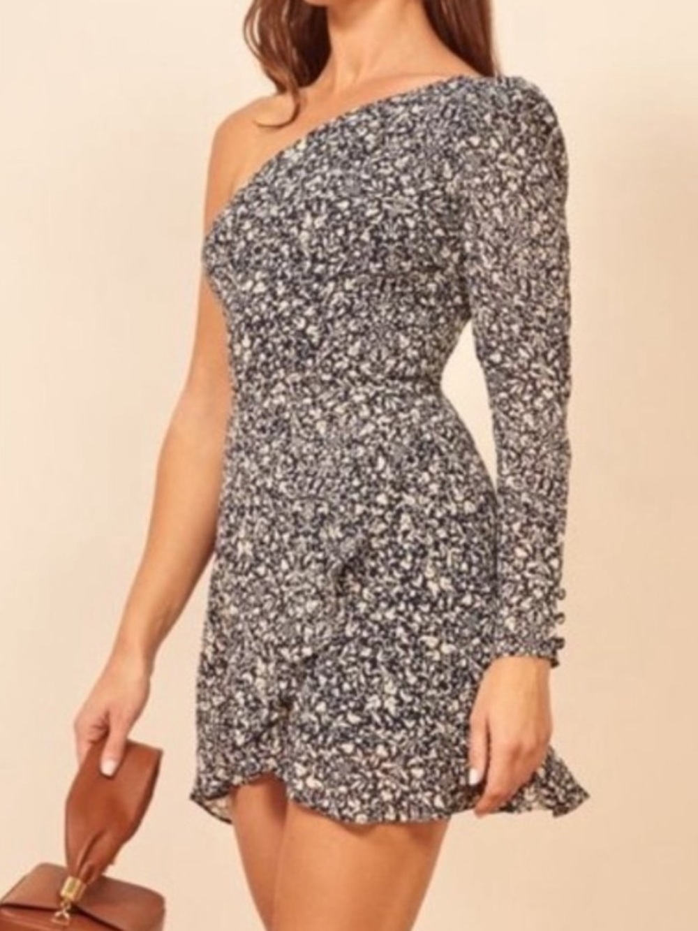 Reformation Sybil Suisse Navy One-Shoulder Floral Mini Dress NWT